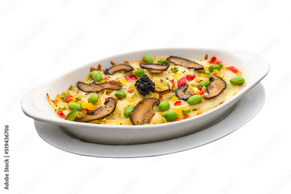 Truffle cream baked pasta served in a dish isolated on plain white background side view