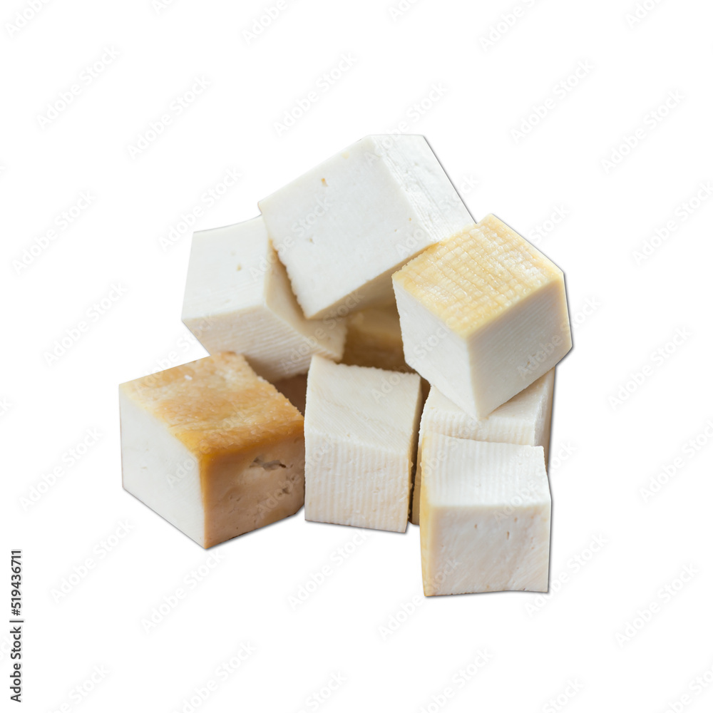 vegan cheese cube tofu served in a dish isolated on plain white background side view vegan cheese cube tofu served in a dish isolated on plain white background side view