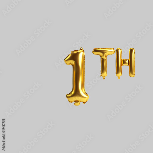 3d illustration of 1th golden balloons isolated on white background