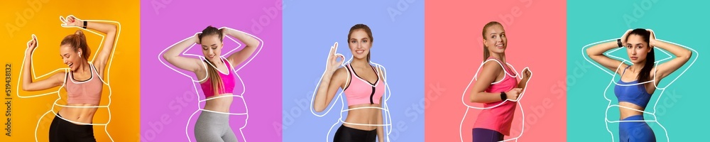 Glad young slim caucasian and arab women in sportswear with overweight ladies drawn around - obrazy, fototapety, plakaty 