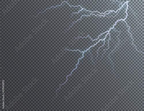 Light blue isolated vector lightning png. Magic light abstract lines. Realistic natural lightning effects.