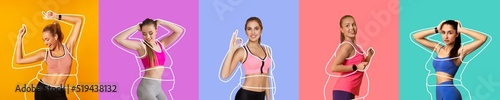 Glad young slim caucasian and arab women in sportswear with overweight ladies drawn around photo