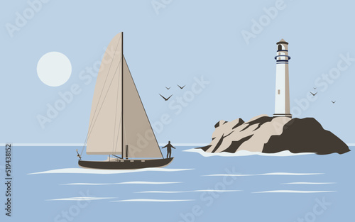 Beautiful sea view of a lighthouse and a yacht or sea vessel with a man in retro style. The concept of freedom and sea travel.