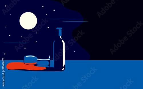 Vector illustration of a bottle of wine and a spilled glass with red wine next to it in a minimal style.