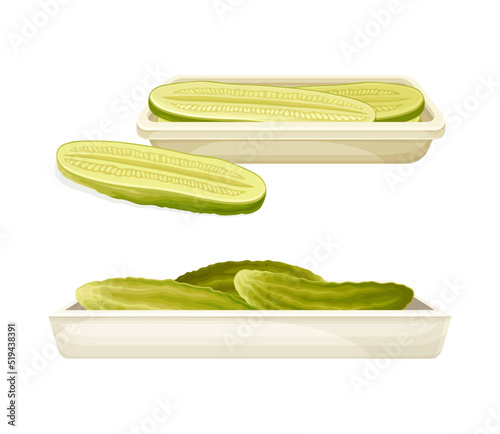 Pickled Cucumber or Gherkin with Salted Taste Served as Snack Vector Set