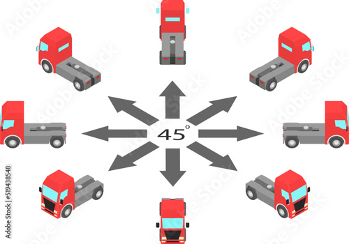 Rotation of trucks without semi-trailer by 45 degrees. Tractor unit in different angles in isometric view.