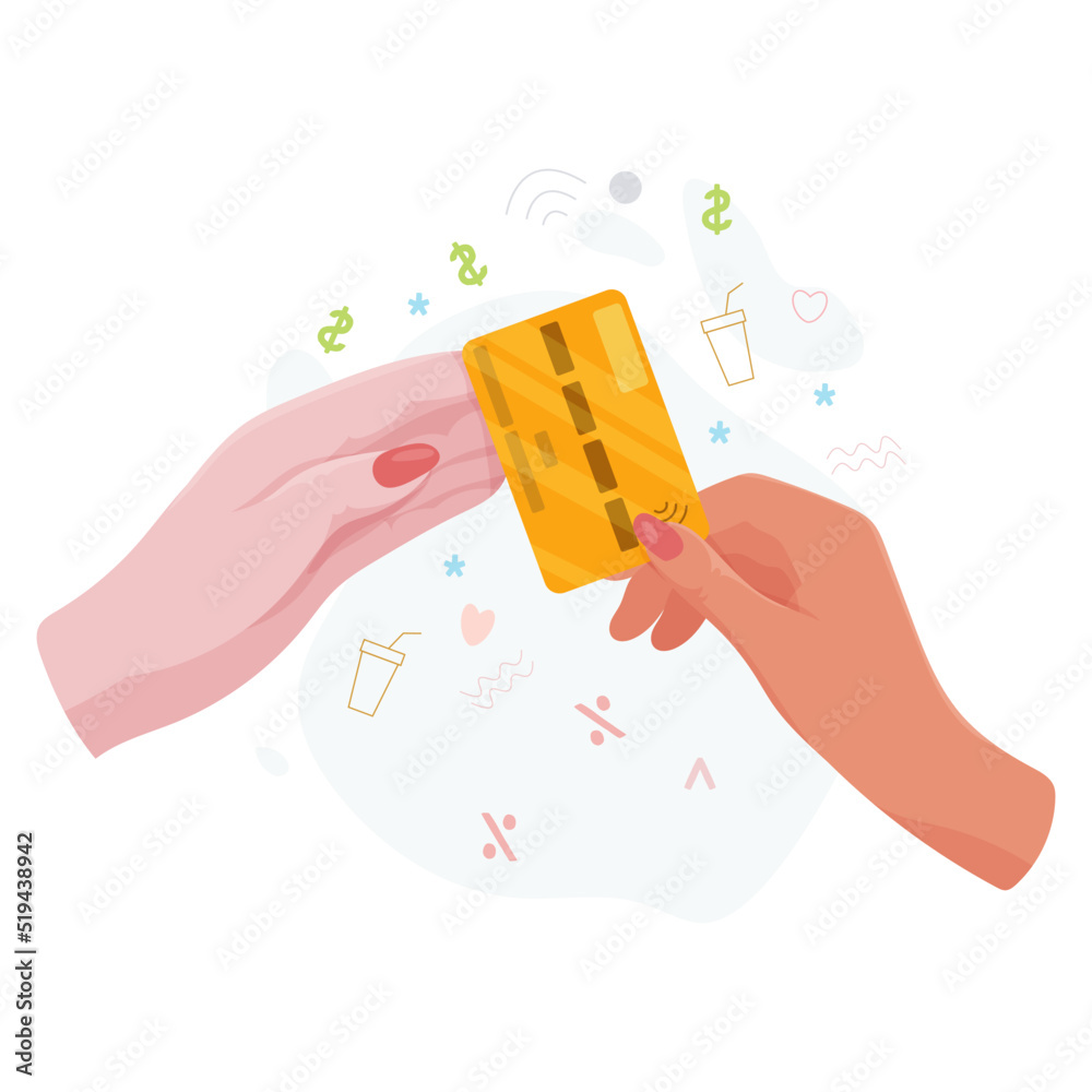 Hands with bank card. Counting, transferring, giving, receiving, squeezing and showing money. Payment for goods by credit card. Charity. Bank operations. Vector illustration. Hands with bank card. Counting, transferring, giving, receiving, squeezing and showing money. Payment for goods by credit card. Charity. Bank operations. Vector illustration.