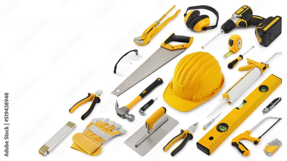 Construction work tools for building. Yellow hard hat with work equipment isolated on white background. Layout for home service repair concept or hardware store showcase banner.Top view set of objects Construction work tools for building. Yellow hard hat with work equipment isolated on white background. Layout for home service repair concept or hardware store showcase banner.Top view set of objects