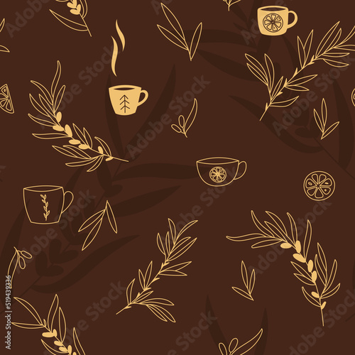 Vector seamless warm pattern, hot tea, sea buckthorn herbal sprigs