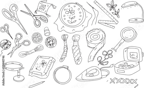 Embroidery sewing embroidery set doodles hand drawn hoop thread scissors separate elements on a white background sketch