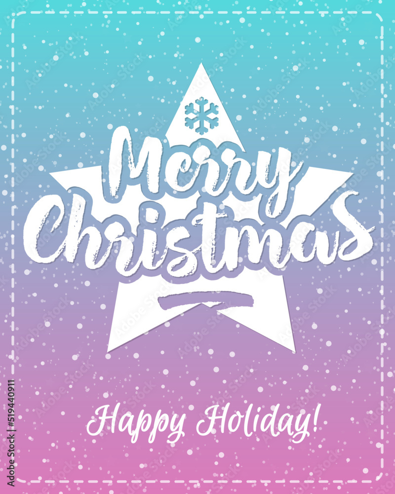 Christmas greeting card with white emblem consisting sign Merry Christmas and star isolated on snow holiday background blue gradient style. Vector Illustration