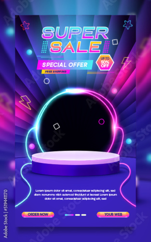 Super sale promo poster or stories neon style template