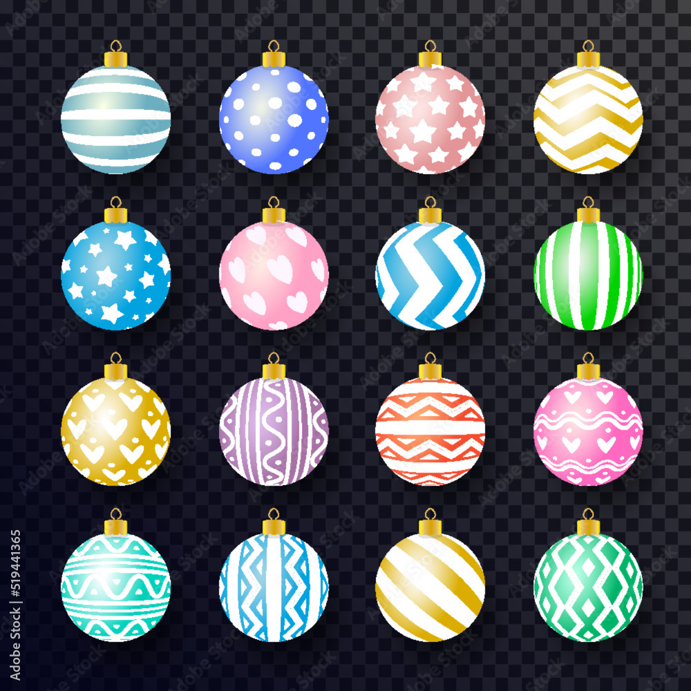 Vector christmas ball set colorful realistic style with different pattern and color isolated on transparent background for for poster, greeting card, invitation, party, flyer, banner sale. 10 eps