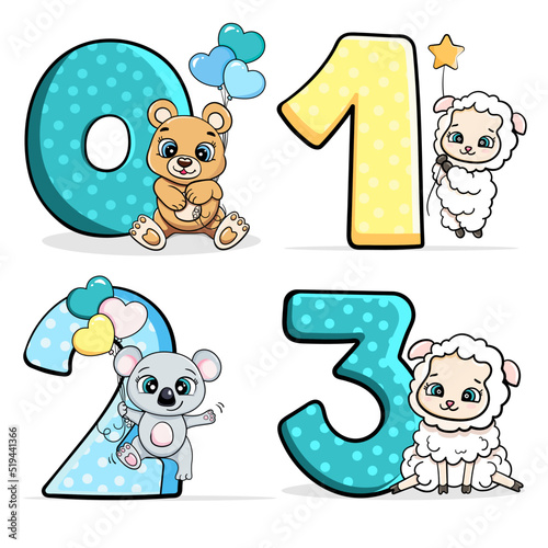 Set numbers with cute baby animals. Educational numbers, kindergarten decor cartoon vector illustration photo