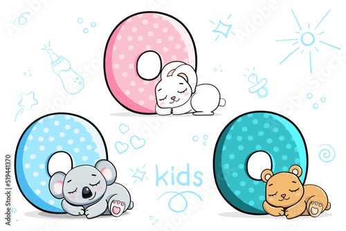 Set of numbers with cute baby animals for newborn children 0 years old. Vector illustration for kids photo