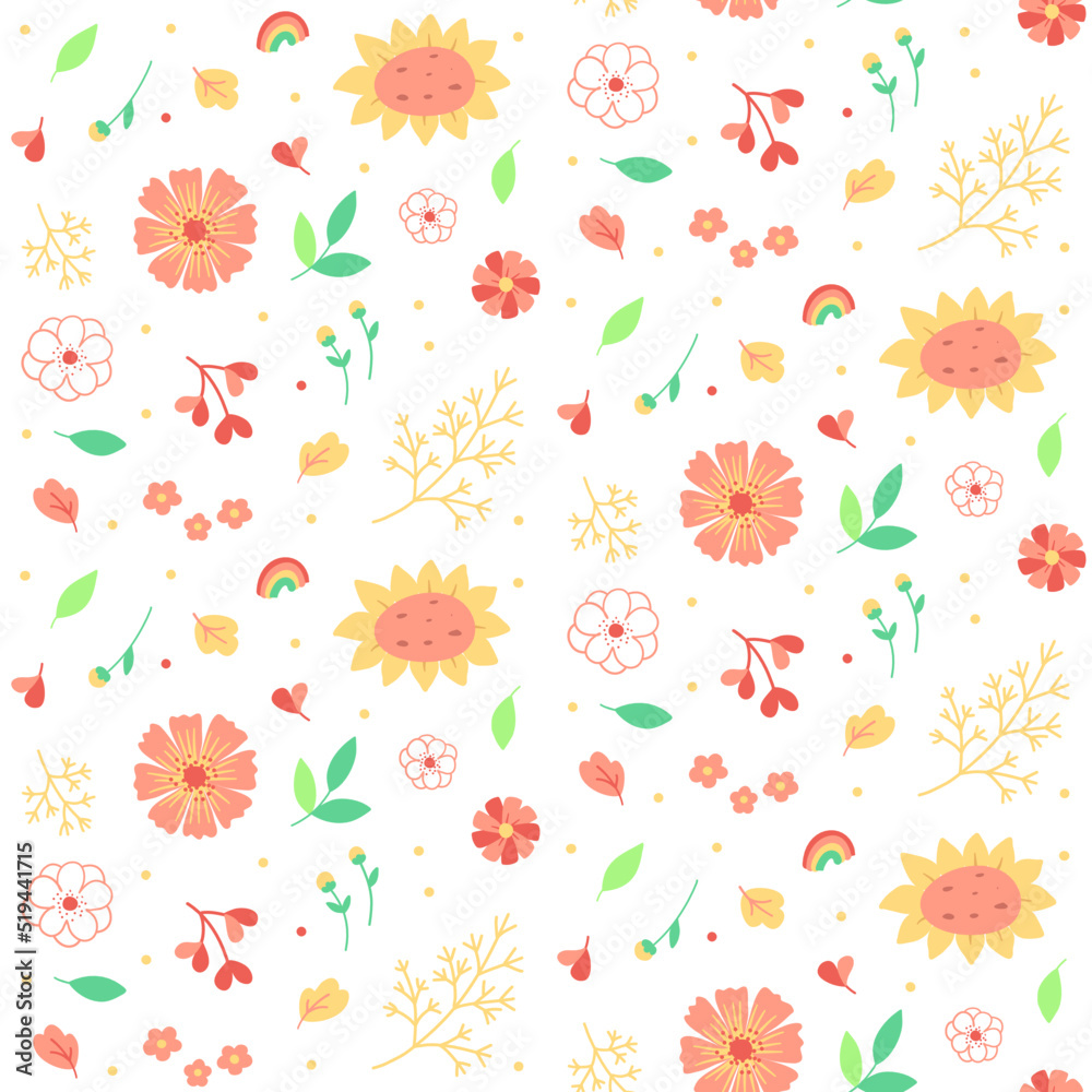 Obraz premium Flowers and doodles, happy vibes pattern