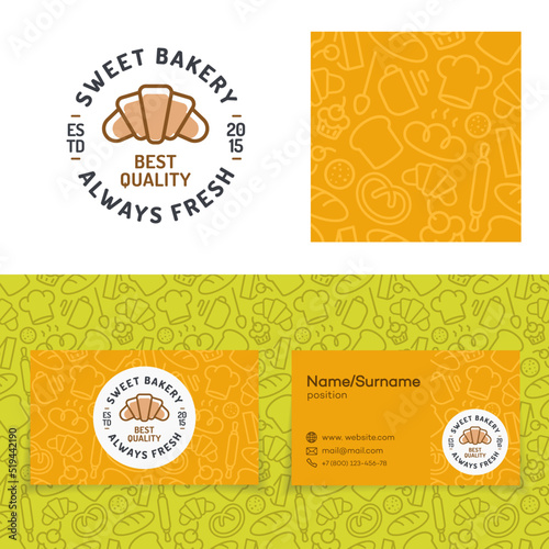 Sweet bakery set with baking pattern, card and logo consisting of croissant and sign always fresh for identity baking firm, coffee shop, loaf store, food market, cafe, bread house. Vector Illustration