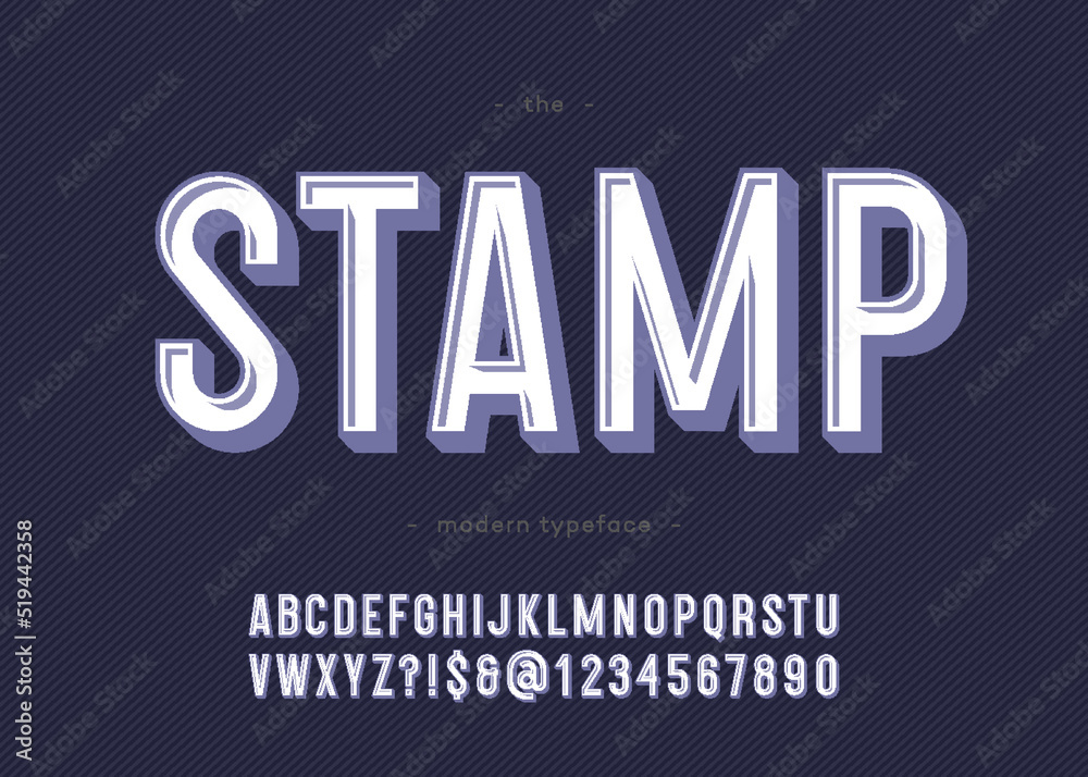 Vector 3d bold stamp font modern typography sans serif slantaed style for book, promotion, poster, decoration, t shirt, sale banner, printing on fabric. Cool alphabet. Trendy typeface. 10 eps