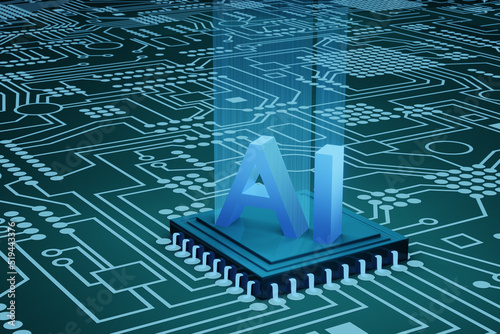 AI alphabetic letters placed on an electronic chip connecting to a motherboard. Illustration of the concept of artificial intelligence advanced processor.