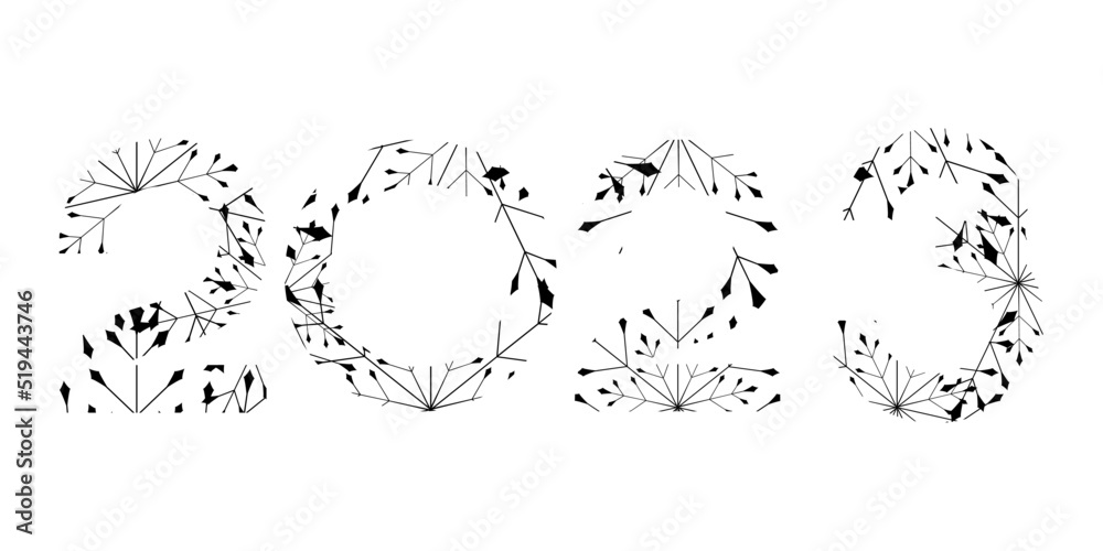 Vector. Happy new year 2023 logo text design. Black and white snowflake pattern. Design templates with 2023 typographic logo. Collection of happy new year 2023 symbols. Horizontal background.