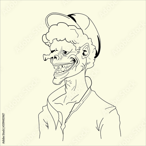  Sketch of a person.  Character potrait drawing. Creepy man wearing hat and shabby clothes. From my own hand made to digital vector. Usable for clothes design, logos, etc.