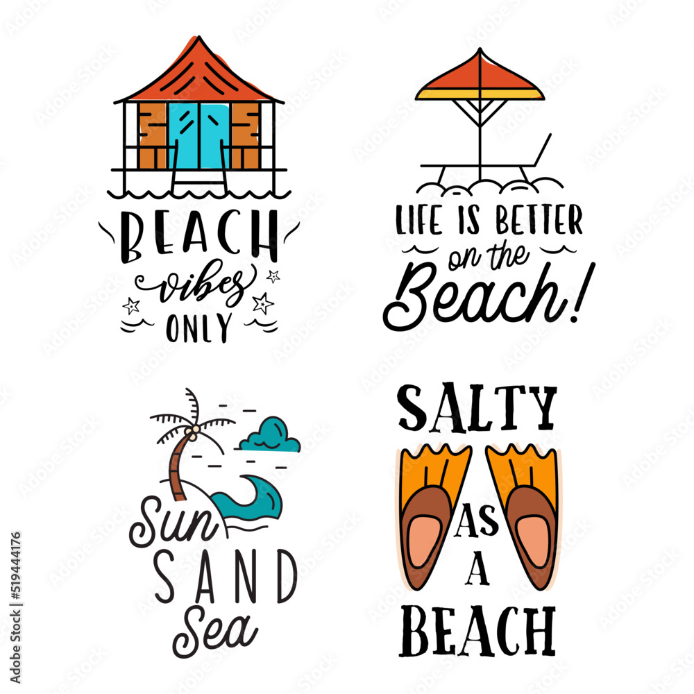 Summer badges set with different quotes and sayings - Salty is a Beach. Retro beach logos. VIntage surfing labels and emblems. Stock vector graphics
