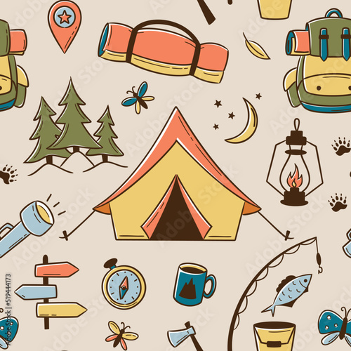 Seamless summer camp pattern, travel and overnight in the forest. Outdoor Camping Adventure Elements. Lovely print for kids, travel tours, wallpaper, fabric, travel items on beige tan background