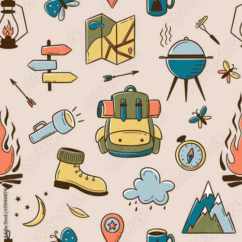 Seamless summer camp pattern, travel and overnight in the forest. Outdoor Mountain Camping Adventure Elements. Lovely print for kids, travel tours, wallpaper, fabric, travel items on beige background