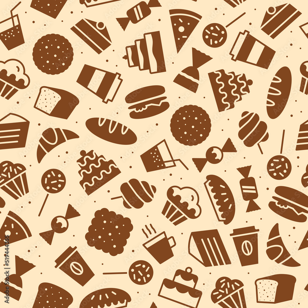 sweet seamless pattern flat style for bakery shop, website, menu, dessert banner, cupcake, cafe, restaurant, packaging wrapping paper. Baked background vector 10 eps