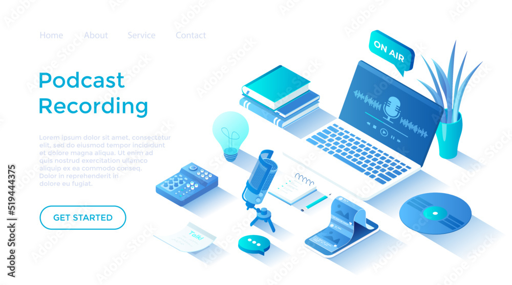 Recording Podcast. Online show, blogging, radio broadcasting, podcasting in internet website. Radio host workplace, microphone, headphones, mixer. Landing page template for web on white background.