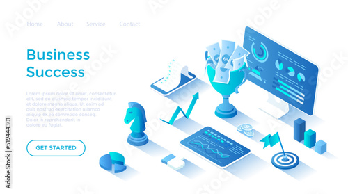Business success and achievements. Successful startup. Planning, working, management, marketing for financial profit growth. Landing page template for web on white background.