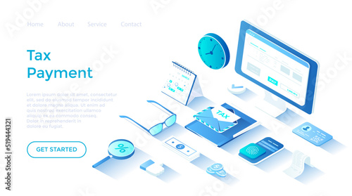 Tax payment. Online Tax form filling, return. Calculating payment check. Finance budget planning and accounting. Landing page template for web on white background.