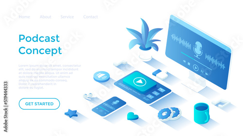 Podcast concept. Listening to audio show, blog, radio, online training. Playlist on tablet, phone, monitor, headphones. Landing page template for web on white background.