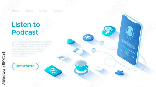 Listen to podcast. Podcast radio services, mobile streaming application on smartphone. Podcasting concept. Landing page template for web on white background.