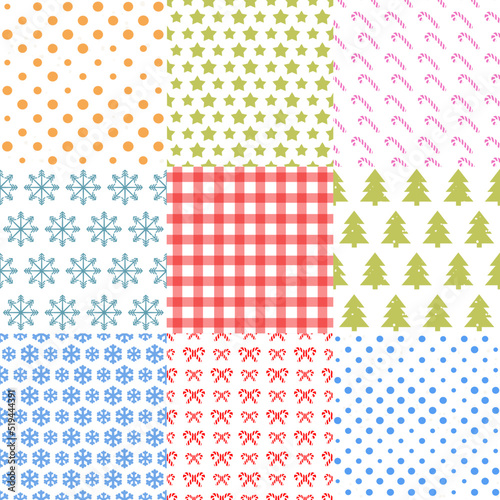 Christmas pattern set different color consisting of christmas tree, star, candy, snowflake, checkered background, circle. Christmas decoration element. Vector Illustration