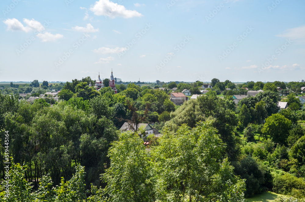 Panoramic landscape of Korets city from the Korets castle. Rivne region, Ukraine.
