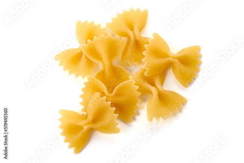 Raw farfalle pasta, Itallian food, close-up, isolated on white background.