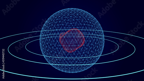 Abstract globe on a dark background with a core inside. Vector futuristic sphere. Illustration of a mesh globe. The concept of a space object. Technologies and communications.