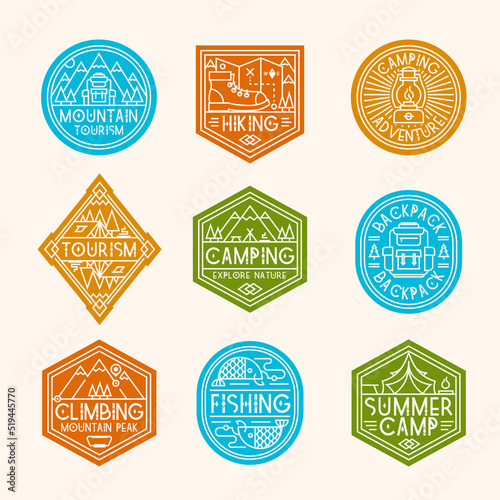 Camping logo set consisting of mountains, camp, backpack, tent, fish and trees line style for explore emblem, hiking sticker, tourist symbol, travel badge, expedition label, climbing, poster, banner