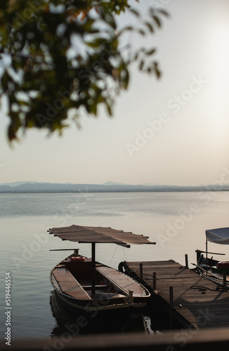 Wooden pier with old boats at the lake on sunny day in natural park resort. Can serene landscape with boat jetty or embarcadero in summer at sunset through foliage of trees