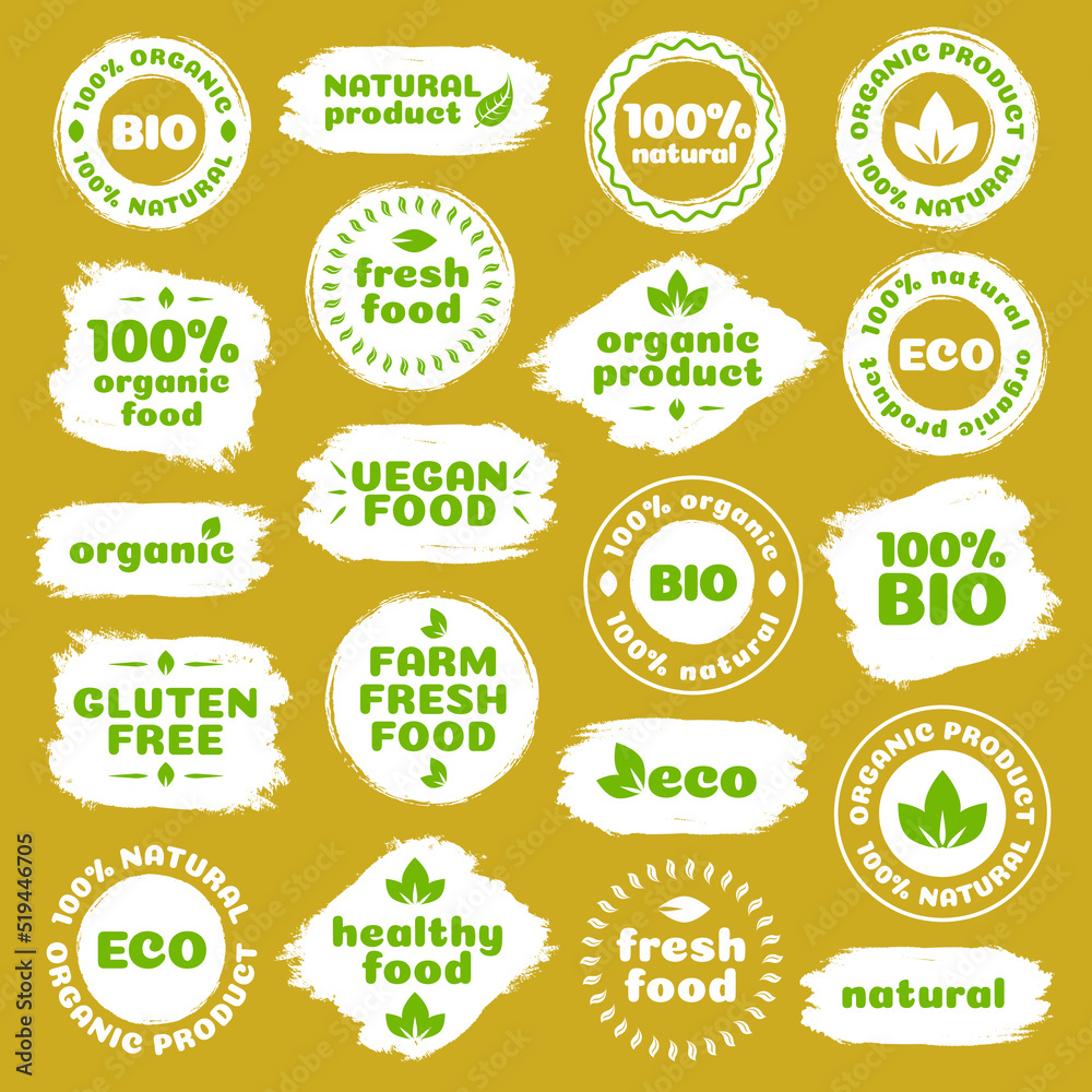 Fototapeta premium Natural product, healthy food, fresh food, organic product, vegan food, farm fresh food, gluten free, bio and eco label template watercolor shapes isolated on brown background. Vector Illustration