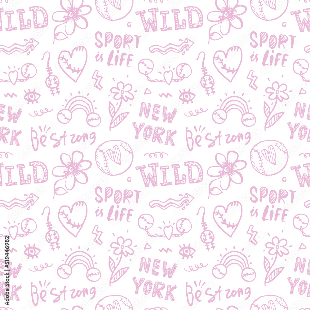 Vector baseball pattern, hand drawn. Sports background with sketches, lettering for girly textiles. Vector baseball pattern, hand drawn. Sports background with sketches, lettering for girly textiles.