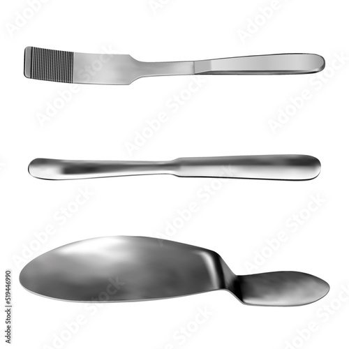 Set of surgical abdominal spatulas Kader Buyalsky Reverden. Special medical instruments for surgical operations in the abdominal cavity. Objects on a white background. Vector illustration