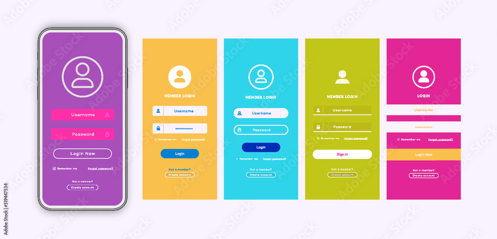 Login form page template set with trendy flat color background for app development, smartphone mockups, website ui elements, online login form, registration, user profile, access to account. Vector