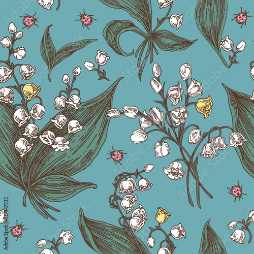 Vintage blue seamless pattern with flowers lily of valley and ladybugs. Color. Engraving style. Vector illustration.