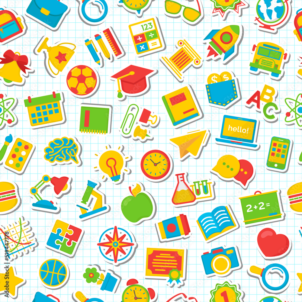 Seamless school pattern with flat color icons school supplies on checkered background. Education pattern. Vector Illustration Seamless school pattern with flat color icons school supplies on checkered background. Education pattern. Vector Illustration