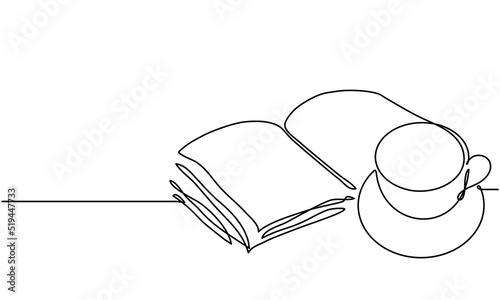 Open book and cup. Continuous line drawing. Coffee, tea and book. Sketch