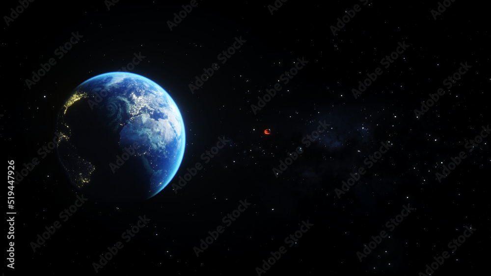 Asteroid in outer space. Earth planet. 3d rendering.