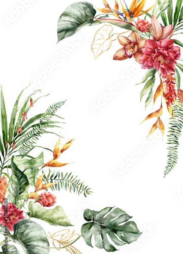 Watercolor tropical flowers border of heliconia, hibiscus, orchid and etlingera. Hand painted floral frame isolated on white background. Holiday Illustration for design, print, fabric or background. © yuliya_derbisheva