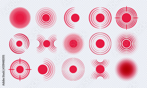 Pain red circle icon set isolated on transparent background for headache, muscular and stomach ache designation. Pain concentration medical sign painkiller drugs, infographic. Vector 10 eps